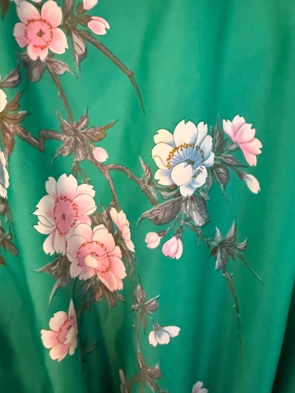 Vintage Green Cherry Blossom Short Sleeve Robe Kimono Satin Luxury One Size - Picture 8 of 8